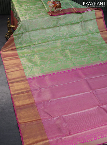 Pure kanchipuram tissue silk saree beige green and pink with allover zari woven brocade weaves and zari woven border