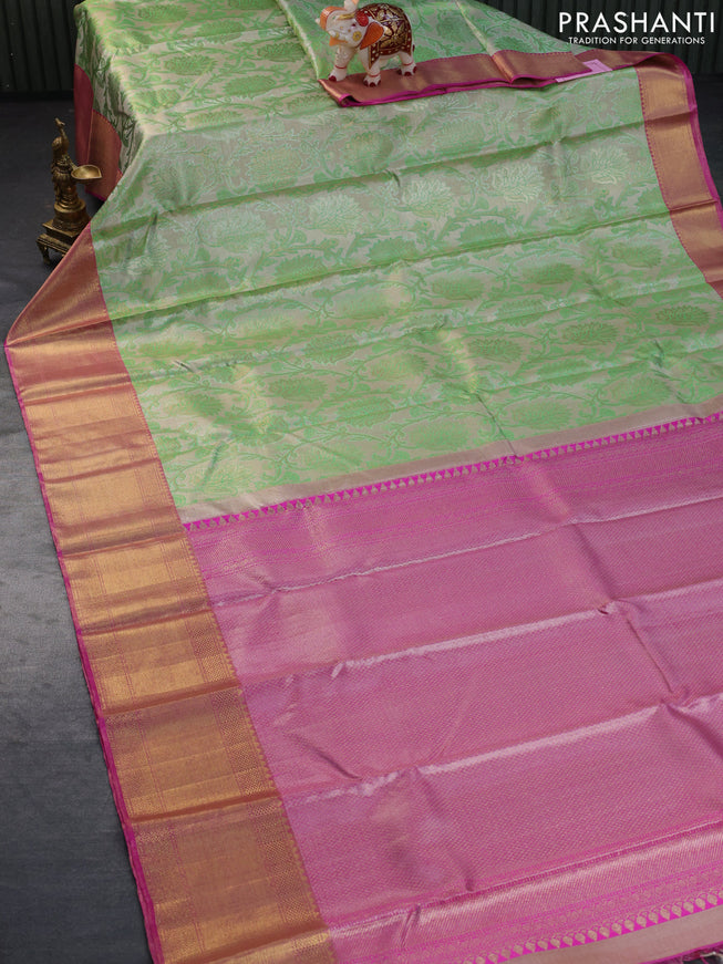 Pure kanchipuram tissue silk saree beige green and pink with allover zari woven brocade weaves and zari woven border