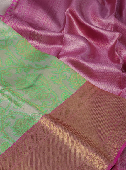 Pure kanchipuram tissue silk saree beige green and pink with allover zari woven brocade weaves and zari woven border