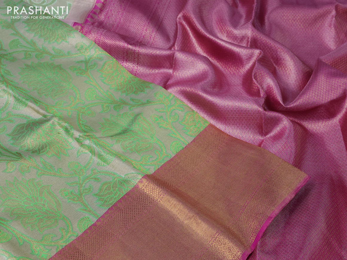 Pure kanchipuram tissue silk saree beige green and pink with allover zari woven brocade weaves and zari woven border