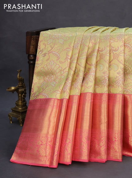 Pure kanchipuram silk saree pista green and pink with allover zari woven brocade weaves and long zari woven border