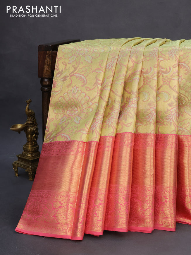 Pure kanchipuram silk saree pista green and pink with allover zari woven brocade weaves and long zari woven border