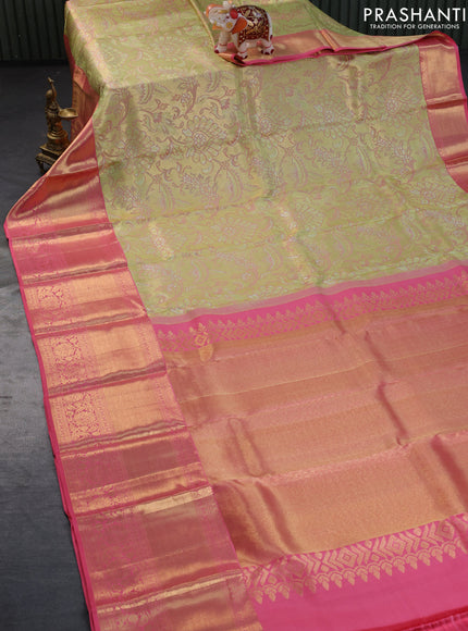 Pure kanchipuram silk saree pista green and pink with allover zari woven brocade weaves and long zari woven border