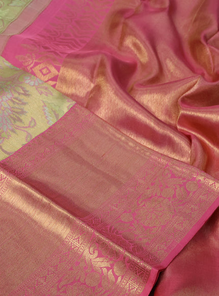 Pure kanchipuram silk saree pista green and pink with allover zari woven brocade weaves and long zari woven border