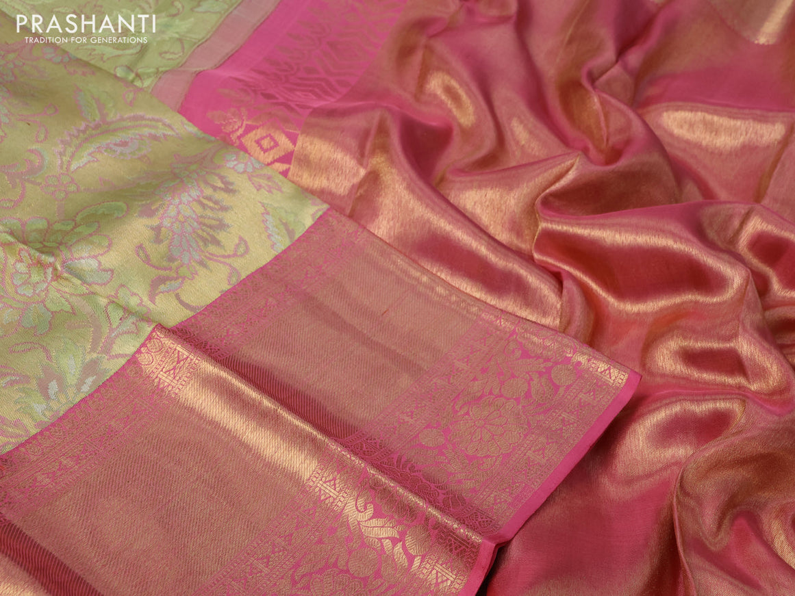 Pure kanchipuram silk saree pista green and pink with allover zari woven brocade weaves and long zari woven border