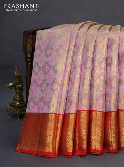 Pure kanchipuram tissue silk saree multi colour and red with allover zari woven brocade weaves and zari woven border