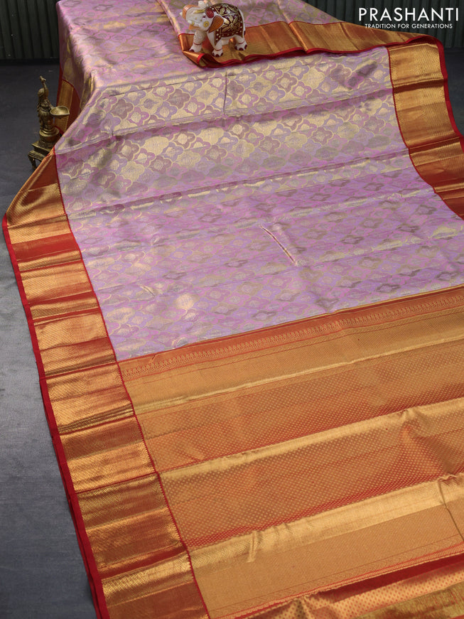 Pure kanchipuram tissue silk saree multi colour and red with allover zari woven brocade weaves and zari woven border