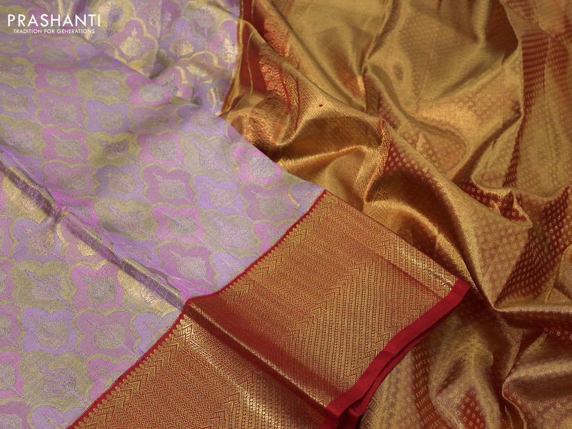 Pure kanchipuram tissue silk saree multi colour and red with allover zari woven brocade weaves and zari woven border