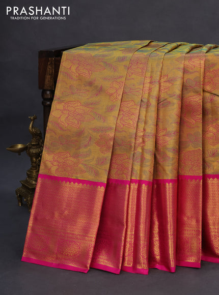 Pure kanchipuram tissue silk saree dual shade of yellow and pink with allover zari woven brocade weaves and long zari woven border