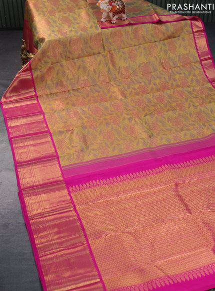 Pure kanchipuram tissue silk saree dual shade of yellow and pink with allover zari woven brocade weaves and long zari woven border