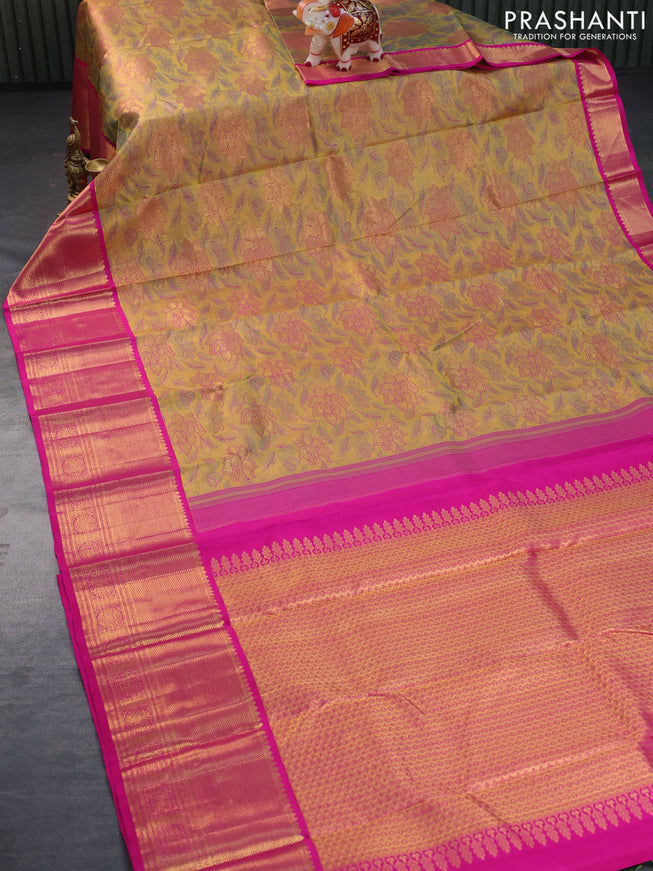 Pure kanchipuram tissue silk saree dual shade of yellow and pink with allover zari woven brocade weaves and long zari woven border