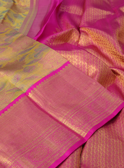 Pure kanchipuram tissue silk saree dual shade of yellow and pink with allover zari woven brocade weaves and long zari woven border