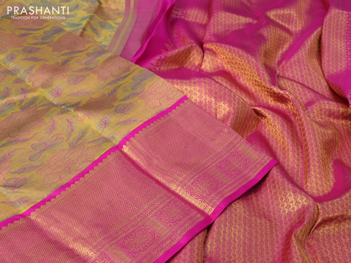 Pure kanchipuram tissue silk saree dual shade of yellow and pink with allover zari woven brocade weaves and long zari woven border