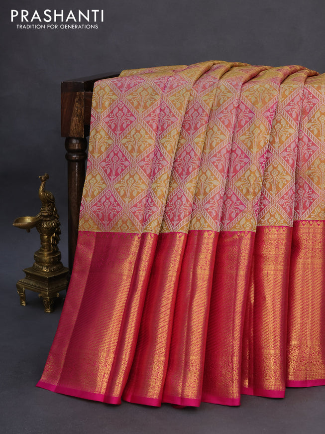 Pure kanchipuram tissue silk saree mustard shade and pink with allover silver zari woven brocade weaves and long rich zari woven border