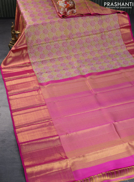 Pure kanchipuram tissue silk saree mustard shade and pink with allover silver zari woven brocade weaves and long rich zari woven border