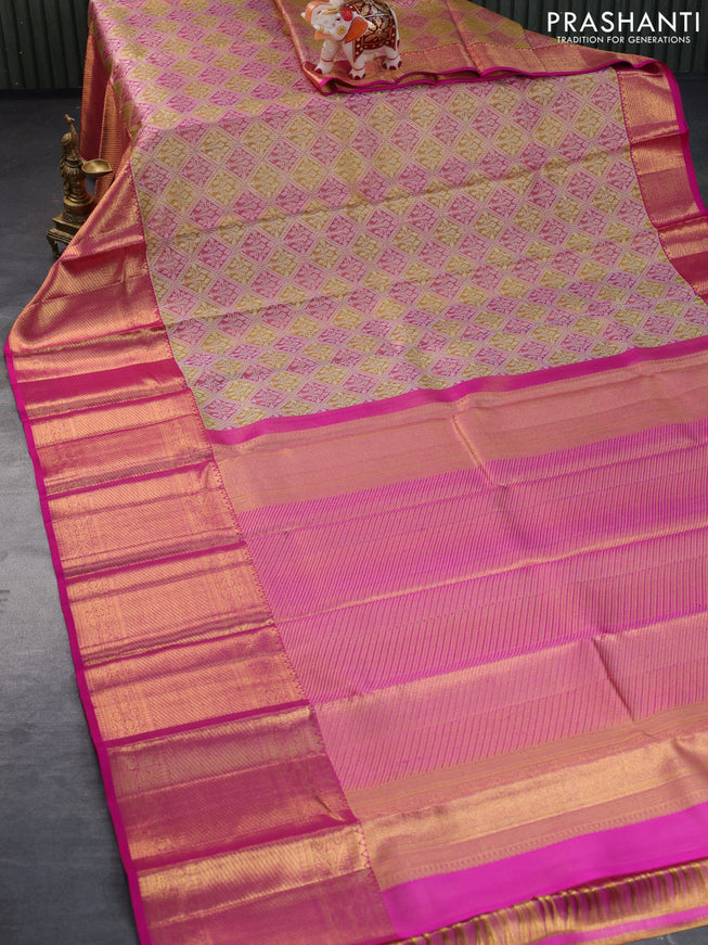 Pure kanchipuram tissue silk saree mustard shade and pink with allover silver zari woven brocade weaves and long rich zari woven border