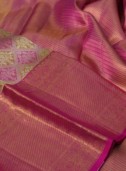 Pure kanchipuram tissue silk saree mustard shade and pink with allover silver zari woven brocade weaves and long rich zari woven border