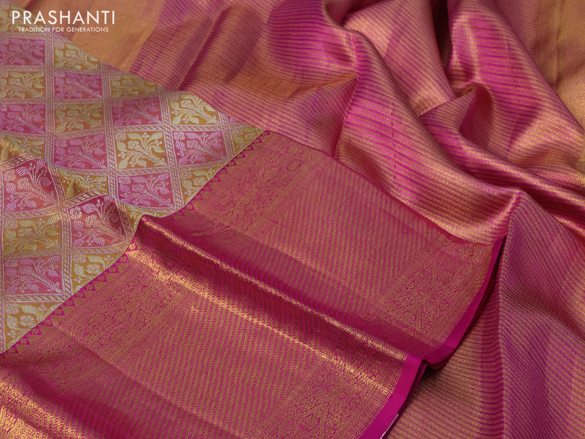 Pure kanchipuram tissue silk saree mustard shade and pink with allover silver zari woven brocade weaves and long rich zari woven border