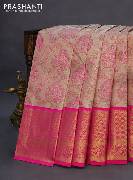 Pure kanchipuram tissue silk saree beige and pink with allover zari woven brocade weaves and long zari woven border