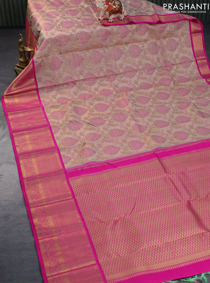 Pure kanchipuram tissue silk saree beige and pink with allover zari woven brocade weaves and long zari woven border