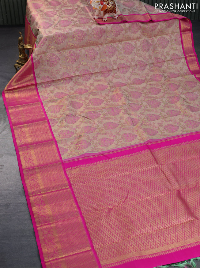 Pure kanchipuram tissue silk saree beige and pink with allover zari woven brocade weaves and long zari woven border