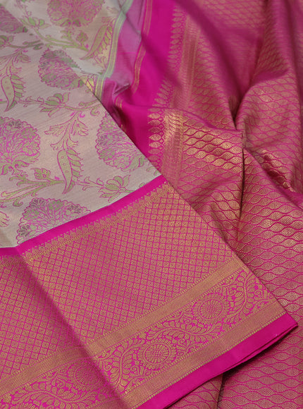 Pure kanchipuram tissue silk saree beige and pink with allover zari woven brocade weaves and long zari woven border