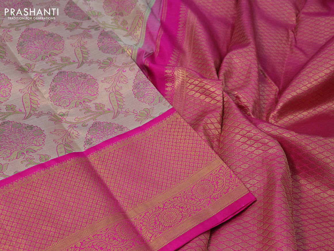 Pure kanchipuram tissue silk saree beige and pink with allover zari woven brocade weaves and long zari woven border