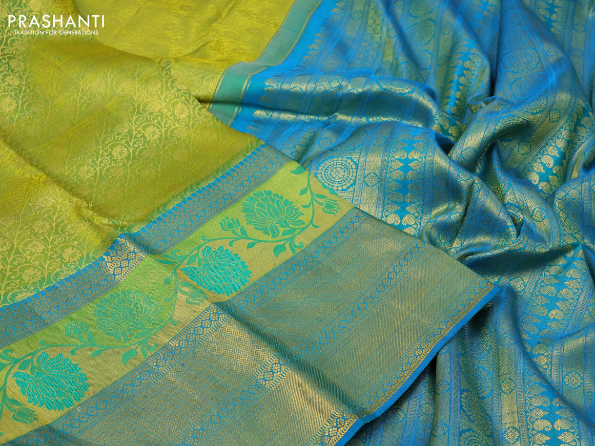 Pure kanchipuram silk saree dual shade of lime green and cs blue with allover zari woven brocade weaves and long thread & zari woven border