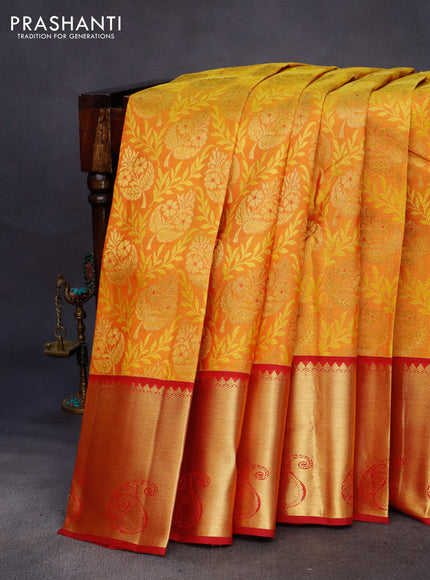 Pure kanchipuram silk saree dark mustard yellow and maroon with allover zari woven brocade weaves and rich paisley zari woven border