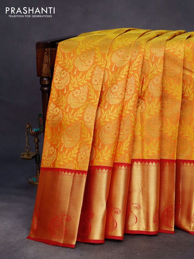 Pure kanchipuram silk saree dark mustard yellow and maroon with allover zari woven brocade weaves and rich paisley zari woven border