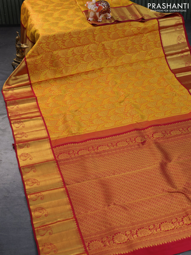 Pure kanchipuram silk saree dark mustard yellow and maroon with allover zari woven brocade weaves and rich paisley zari woven border