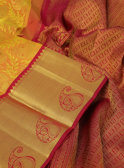 Pure kanchipuram silk saree dark mustard yellow and maroon with allover zari woven brocade weaves and rich paisley zari woven border