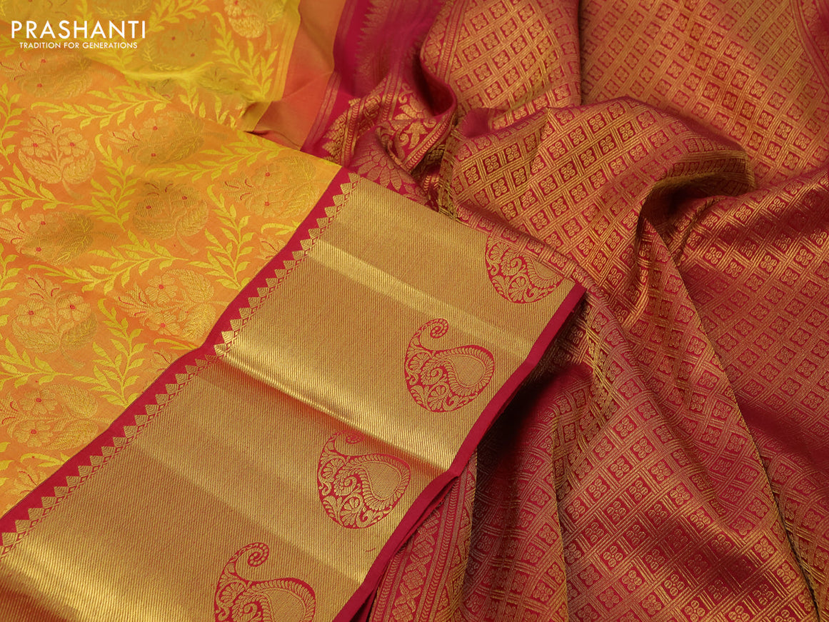 Pure kanchipuram silk saree dark mustard yellow and maroon with allover zari woven brocade weaves and rich paisley zari woven border