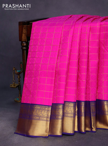 Pure kanchipuram silk saree pink and blue with allover self emboss & zari checked pattern and annam zari woven border