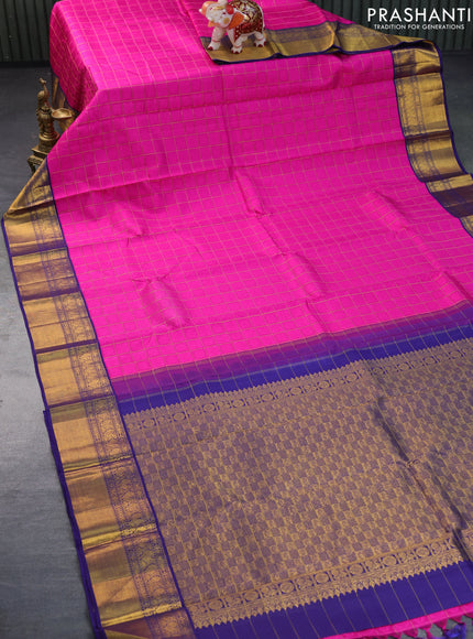 Pure kanchipuram silk saree pink and blue with allover self emboss & zari checked pattern and annam zari woven border