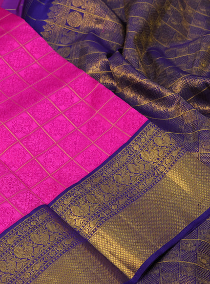 Pure kanchipuram silk saree pink and blue with allover self emboss & zari checked pattern and annam zari woven border