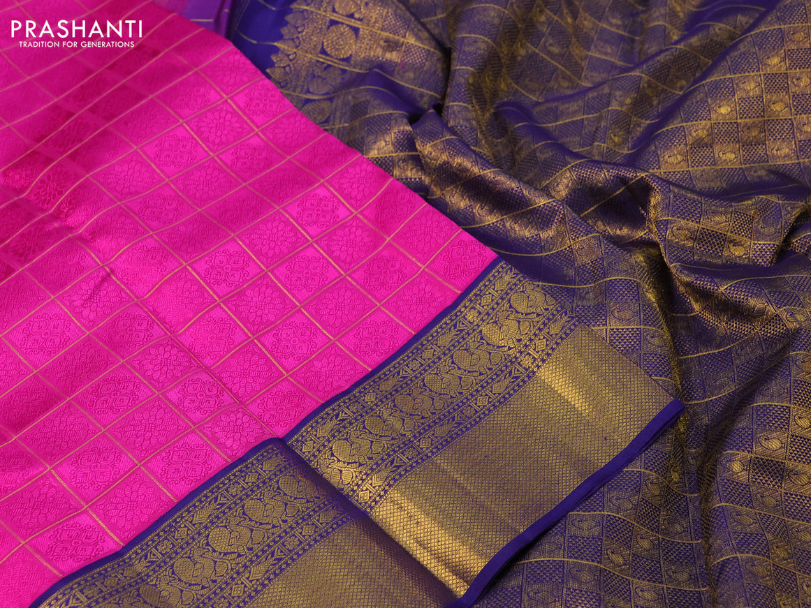 Pure kanchipuram silk saree pink and blue with allover self emboss & zari checked pattern and annam zari woven border