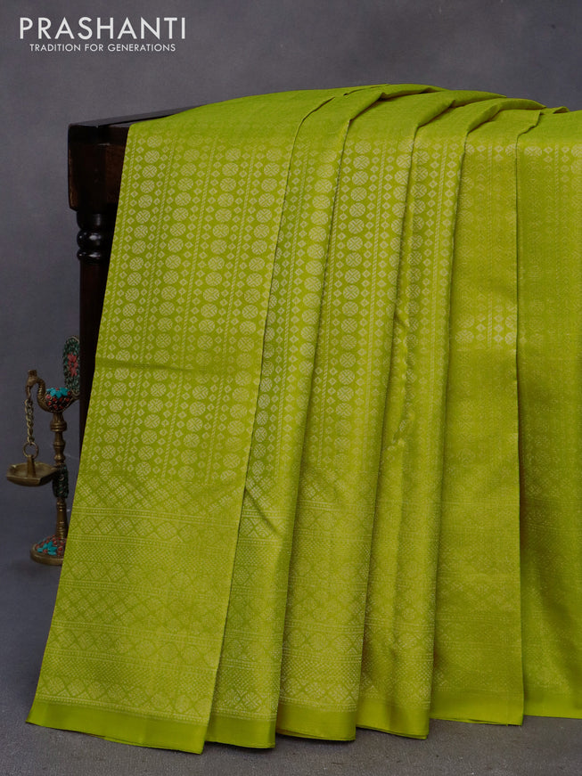 Pure soft silk saree lime green and pink with allover silver zari woven brocade weaves in borderless style