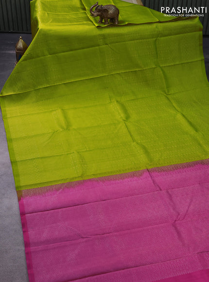 Pure soft silk saree lime green and pink with allover silver zari woven brocade weaves in borderless style