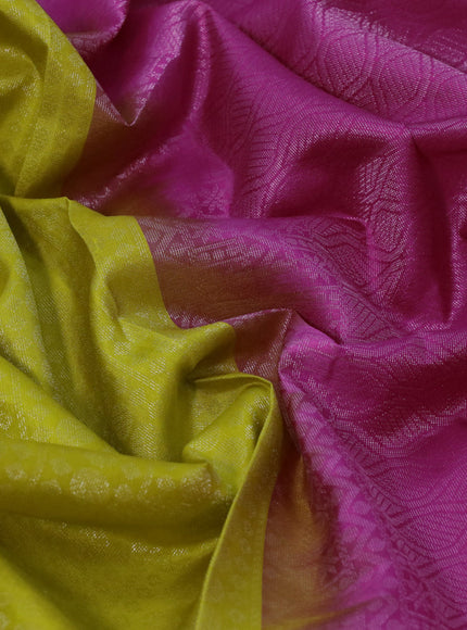 Pure soft silk saree lime green and pink with allover silver zari woven brocade weaves in borderless style