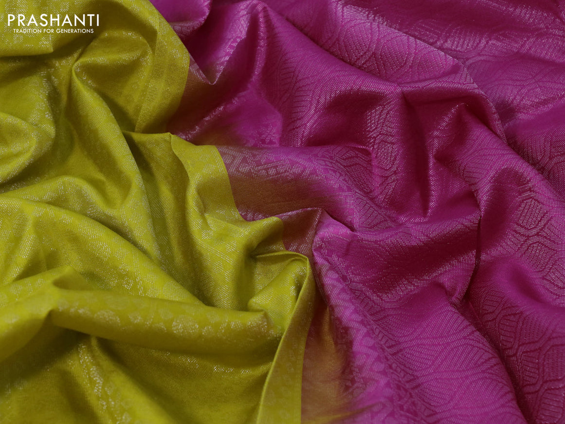 Pure soft silk saree lime green and pink with allover silver zari woven brocade weaves in borderless style