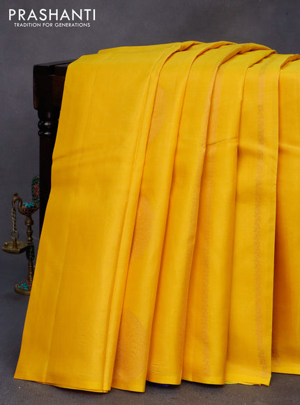 Pure soft silk saree yellow and royal blue with copper zari woven buttas in borderless style