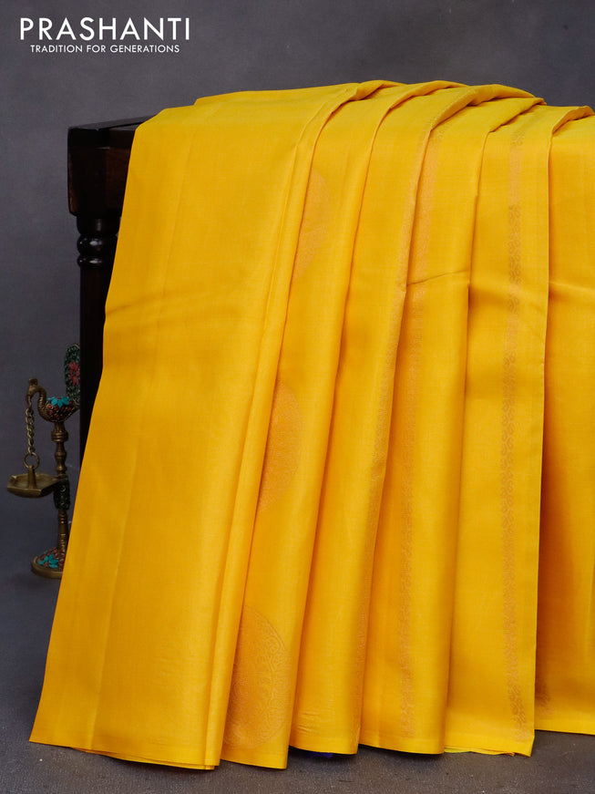 Pure soft silk saree yellow and royal blue with copper zari woven buttas in borderless style