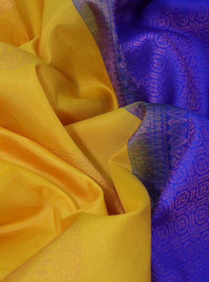 Pure soft silk saree yellow and royal blue with copper zari woven buttas in borderless style