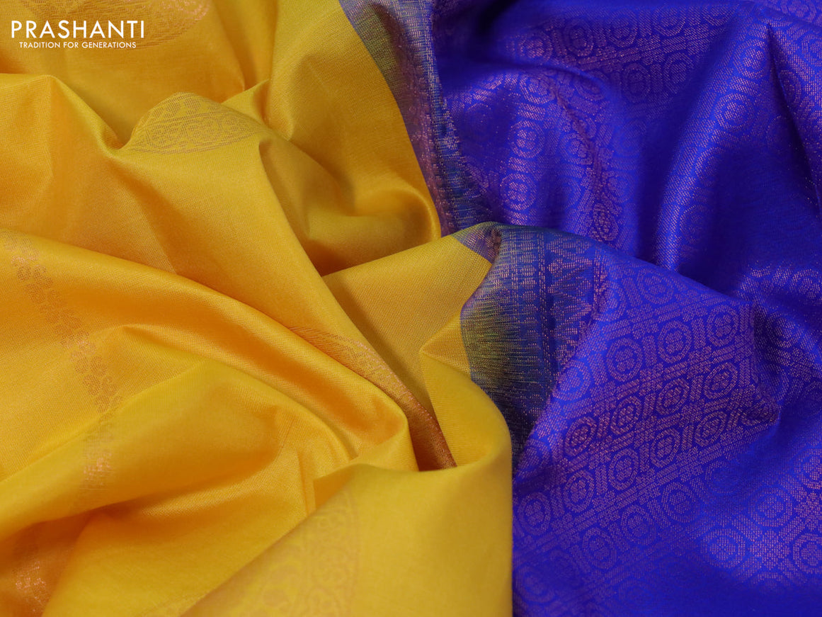 Pure soft silk saree yellow and royal blue with copper zari woven buttas in borderless style