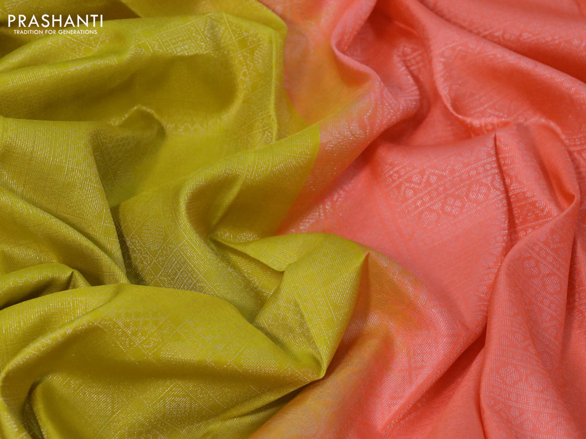 Pure soft silk saree lime yellow and peach orange with allover silver zari woven brocade weaves in borderless style