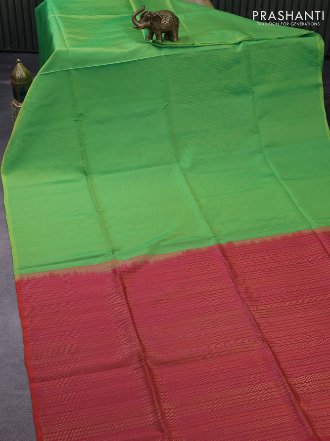 Pure soft silk saree light green and dual shade of pinkish orange with allover zari weaves in borderless style