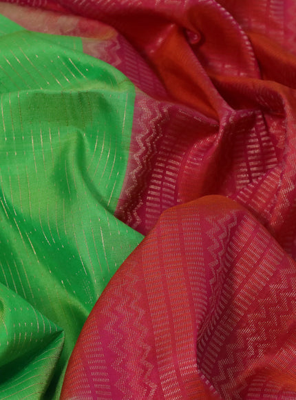 Pure soft silk saree light green and dual shade of pinkish orange with allover zari weaves in borderless style