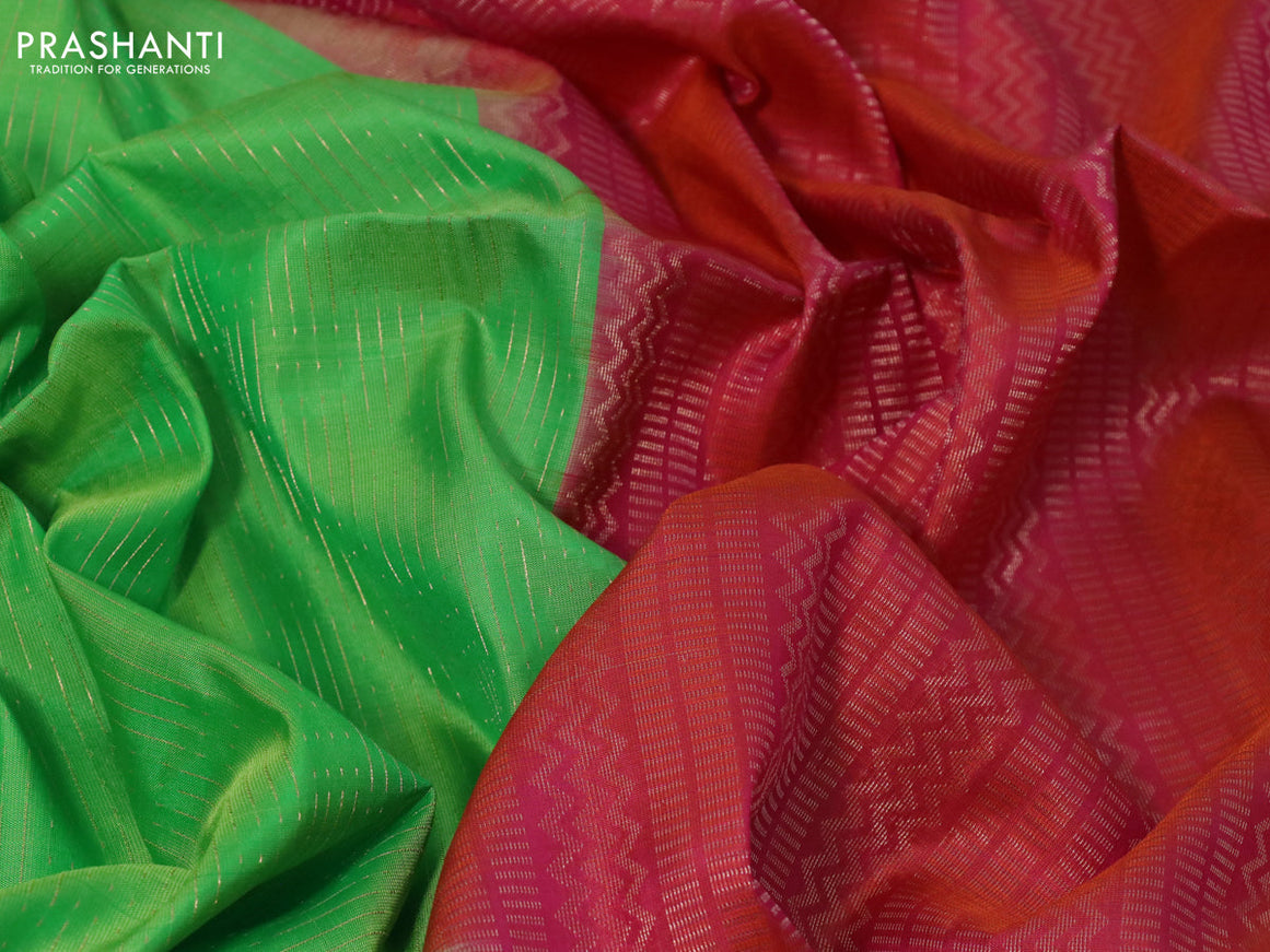 Pure soft silk saree light green and dual shade of pinkish orange with allover zari weaves in borderless style