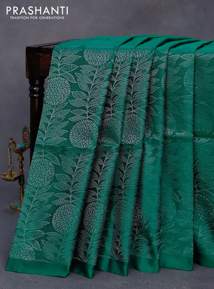 Pure soft silk saree dark green and pinkish orange with allover silver zari woven brocade weaves in borderless style